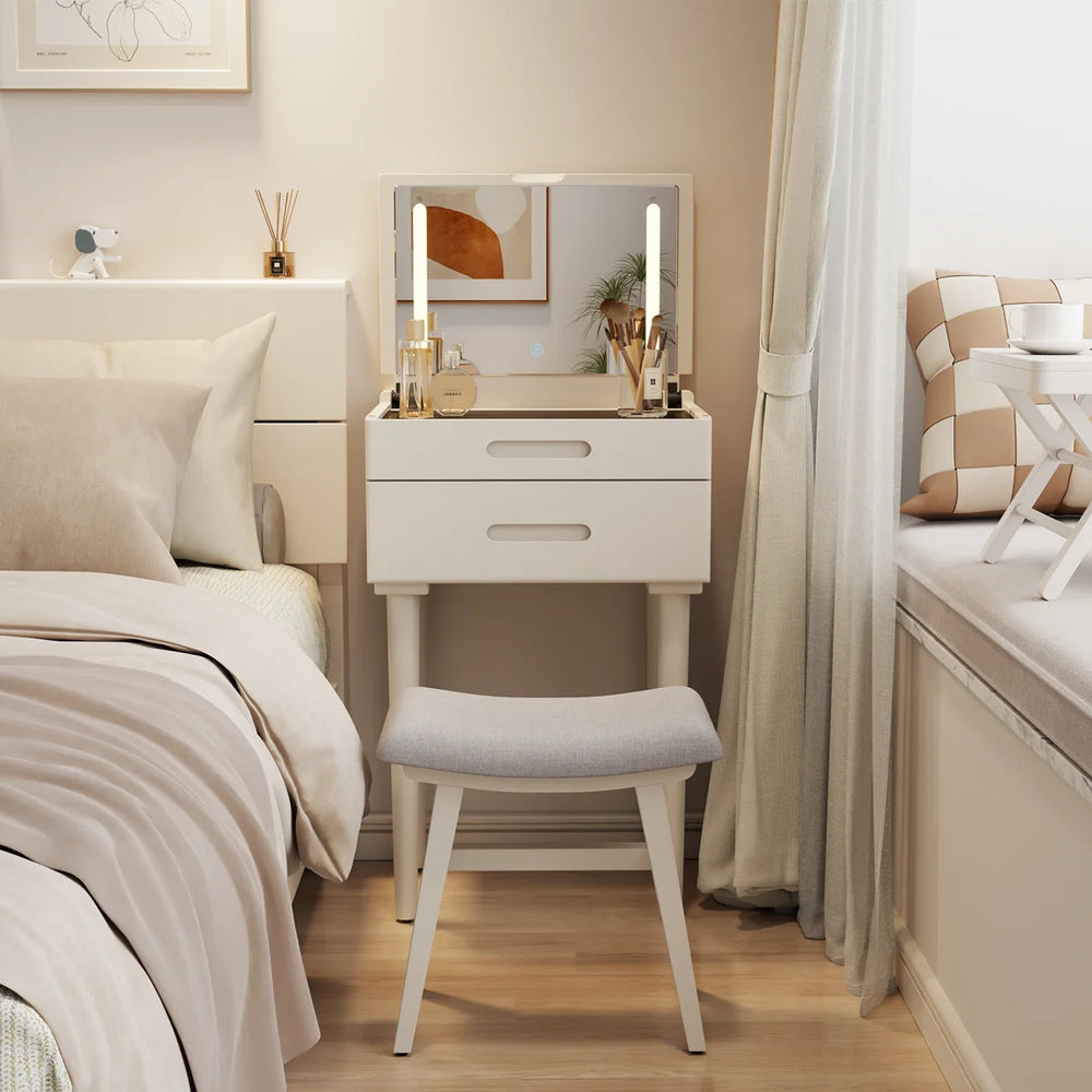 Solid Wood Makeup Vanity, Flip‑Top Lighted Mirror, 3‑Mode Dimmable, with Drawers  Wooden Bazar
