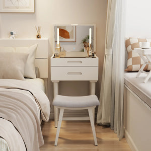 Solid Wood Makeup Vanity, Flip‑Top Lighted Mirror, 3‑Mode Dimmable, with Drawers  Wooden Bazar