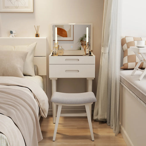 Solid Wood Makeup Vanity, Flip‑Top Lighted Mirror, 3‑Mode Dimmable, with Drawers  Wooden Bazar