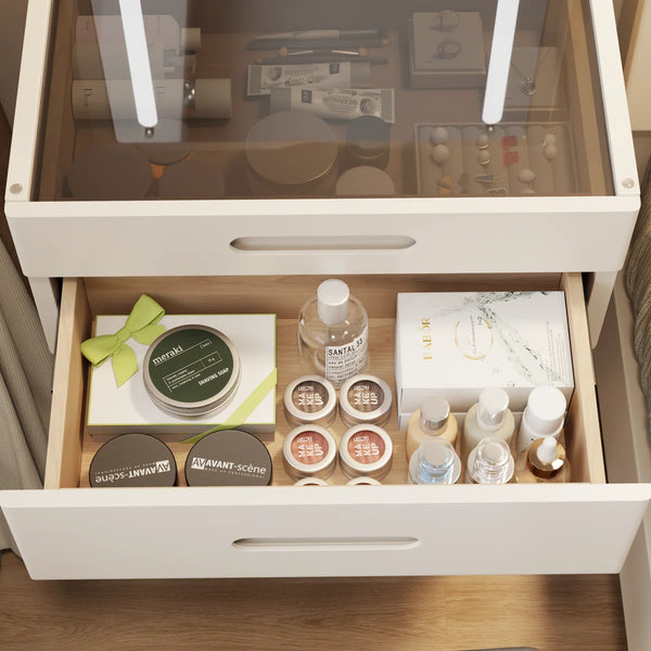 Solid Wood Makeup Vanity, Flip‑Top Lighted Mirror, 3‑Mode Dimmable, with Drawers  Wooden Bazar