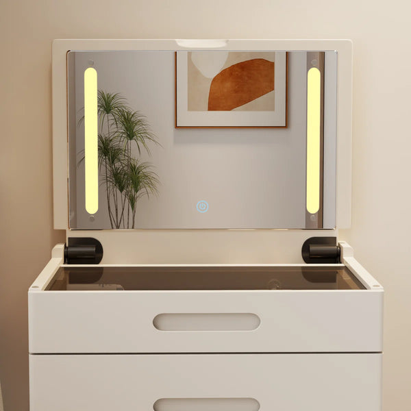 Solid Wood Makeup Vanity, Flip‑Top Lighted Mirror, 3‑Mode Dimmable, with Drawers  Wooden Bazar