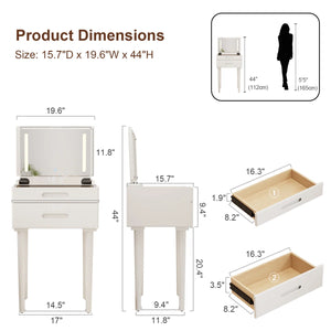 Solid Wood Makeup Vanity, Flip‑Top Lighted Mirror, 3‑Mode Dimmable, with Drawers  Wooden Bazar