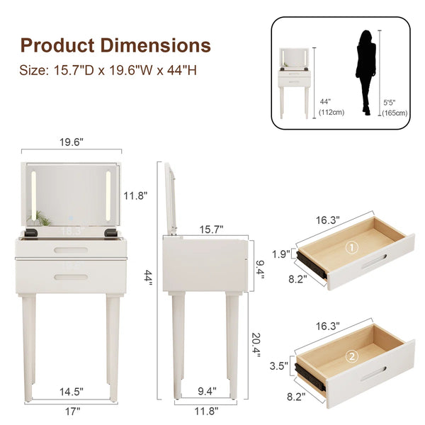 Solid Wood Makeup Vanity, Flip‑Top Lighted Mirror, 3‑Mode Dimmable, with Drawers  Wooden Bazar