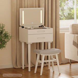 Solid Wood Makeup Vanity, Flip‑Top Lighted Mirror, 3‑Mode Dimmable, with Drawers  Wooden Bazar