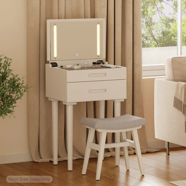 Solid Wood Makeup Vanity, Flip‑Top Lighted Mirror, 3‑Mode Dimmable, with Drawers  Wooden Bazar