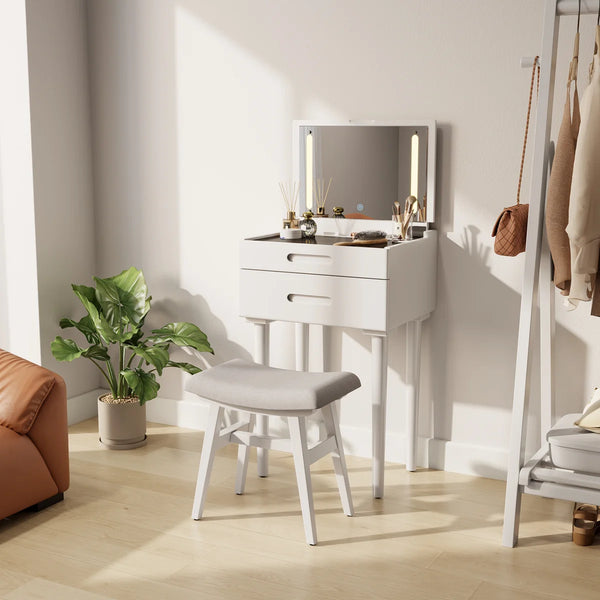 Solid Wood Makeup Vanity, Flip‑Top Lighted Mirror, 3‑Mode Dimmable, with Drawers  Wooden Bazar