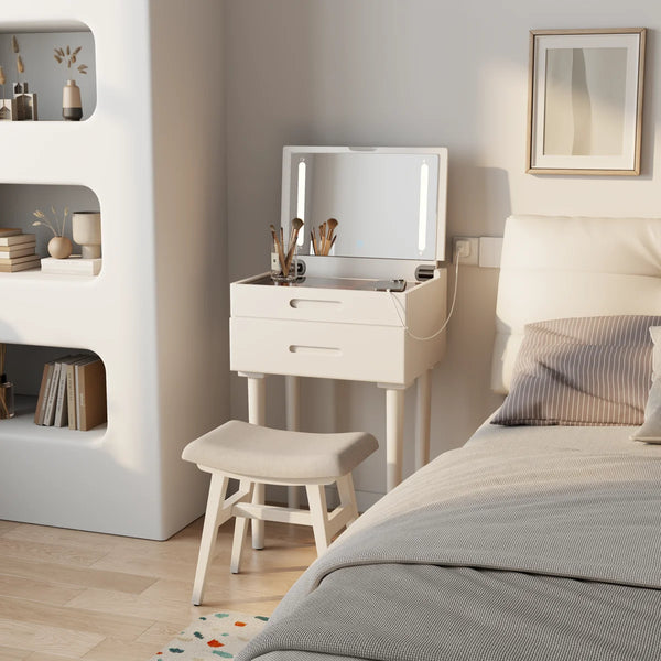 Solid Wood Makeup Vanity, Flip‑Top Lighted Mirror, 3‑Mode Dimmable, with Drawers  Wooden Bazar