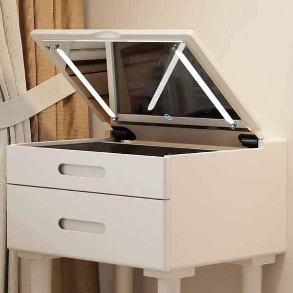 Solid Wood Makeup Vanity, Flip‑Top Lighted Mirror, 3‑Mode Dimmable, with Drawers  Wooden Bazar