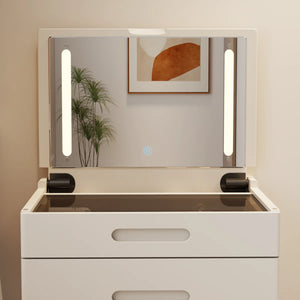 Solid Wood Makeup Vanity, Flip‑Top Lighted Mirror, 3‑Mode Dimmable, with Drawers  Wooden Bazar