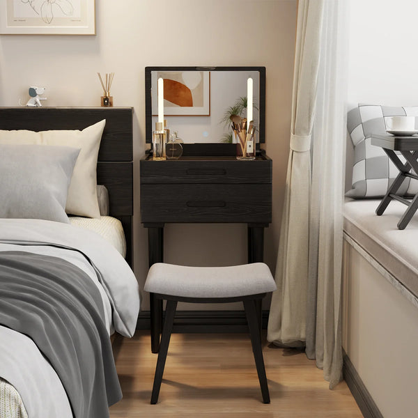 Solid Wood Makeup Vanity, Flip‑Top Lighted Mirror, 3‑Mode Dimmable, with Drawers  Wooden Bazar
