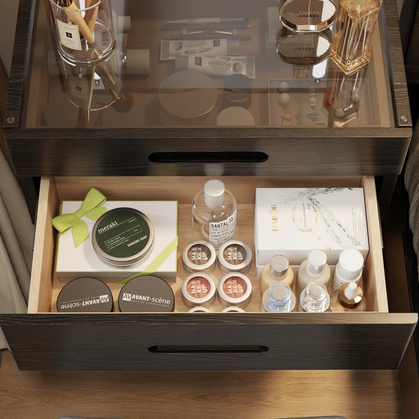 Solid Wood Makeup Vanity, Flip‑Top Lighted Mirror, 3‑Mode Dimmable, with Drawers  Wooden Bazar