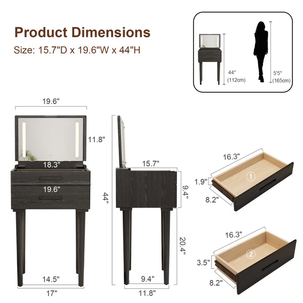 Solid Wood Makeup Vanity, Flip‑Top Lighted Mirror, 3‑Mode Dimmable, with Drawers  Wooden Bazar