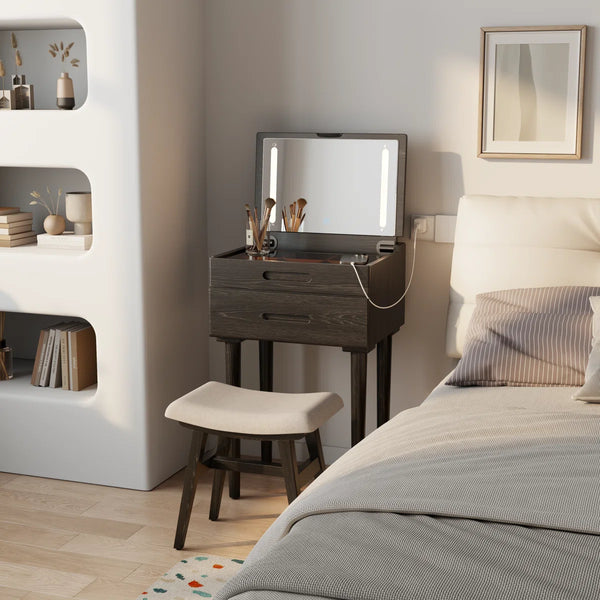 Solid Wood Makeup Vanity, Flip‑Top Lighted Mirror, 3‑Mode Dimmable, with Drawers  Wooden Bazar