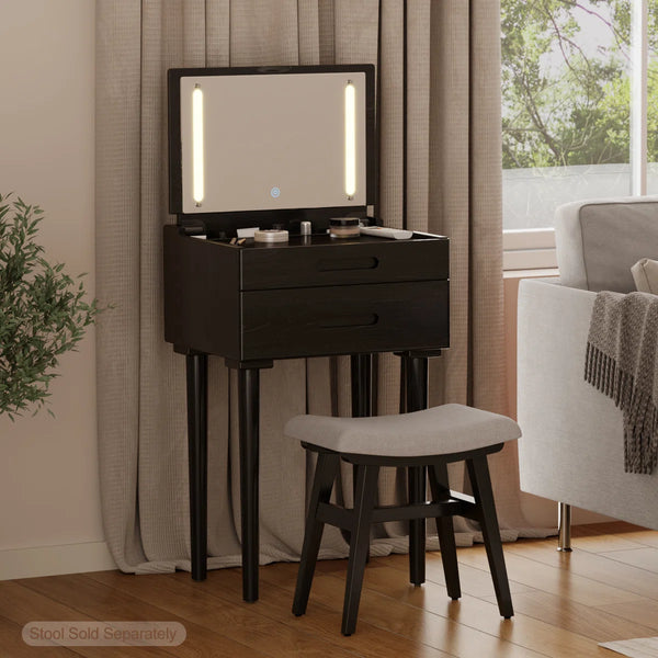 Solid Wood Makeup Vanity, Flip‑Top Lighted Mirror, 3‑Mode Dimmable, with Drawers  Wooden Bazar