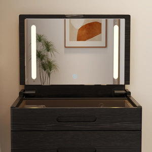 Solid Wood Makeup Vanity, Flip‑Top Lighted Mirror, 3‑Mode Dimmable, with Drawers  Wooden Bazar