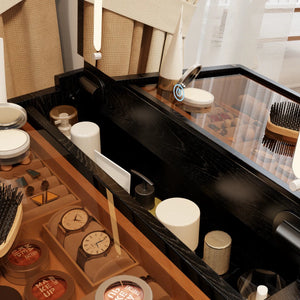 Solid Wood Makeup Vanity, Flip‑Top Lighted Mirror, 3‑Mode Dimmable, with Drawers  Wooden Bazar