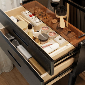 Solid Wood Makeup Vanity, Flip‑Top Lighted Mirror, 3‑Mode Dimmable, with Drawers  Wooden Bazar