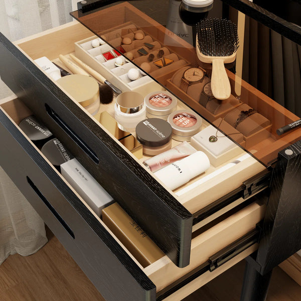 Solid Wood Makeup Vanity, Flip‑Top Lighted Mirror, 3‑Mode Dimmable, with Drawers  Wooden Bazar