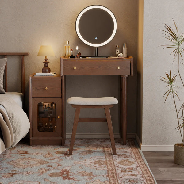 Solid Wood Vanity Set with Mirror & Stool, Makeup Table with Reversible Cabinet, LED Glass Top & Adjustable Storage  Wooden Bazar