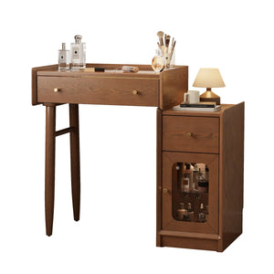 Solid Wood Vanity Set with Mirror & Stool, Makeup Table with Reversible Cabinet, LED Glass Top & Adjustable Storage  Wooden Bazar