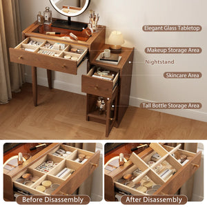 Solid Wood Vanity Set with Mirror & Stool, Makeup Table with Reversible Cabinet, LED Glass Top & Adjustable Storage  Wooden Bazar