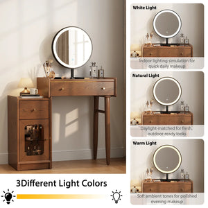 Solid Wood Vanity Set with Mirror & Stool, Makeup Table with Reversible Cabinet, LED Glass Top & Adjustable Storage  Wooden Bazar