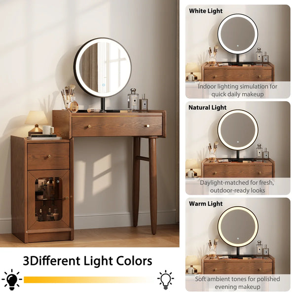 Solid Wood Vanity Set with Mirror & Stool, Makeup Table with Reversible Cabinet, LED Glass Top & Adjustable Storage  Wooden Bazar