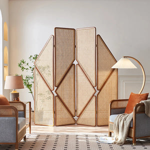Vintage Solid Wood Rattan Folding Room Divider  Wooden Bazar