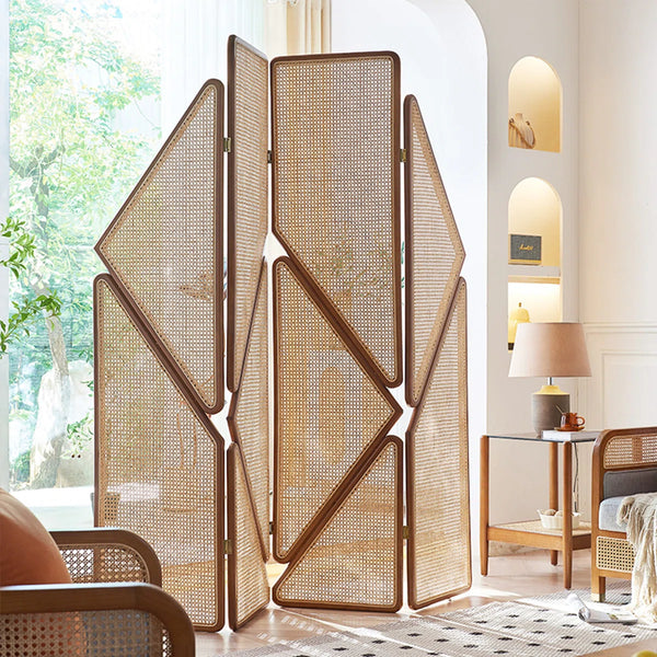 Vintage Solid Wood Rattan Folding Room Divider  Wooden Bazar