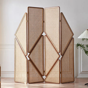 Vintage Solid Wood Rattan Folding Room Divider  Wooden Bazar