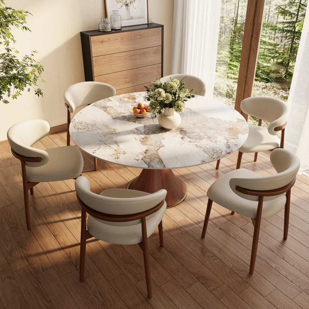 Brijberg Round Solid Wood Dining Stylish 7 Pcs Set With Sintered Stone Table