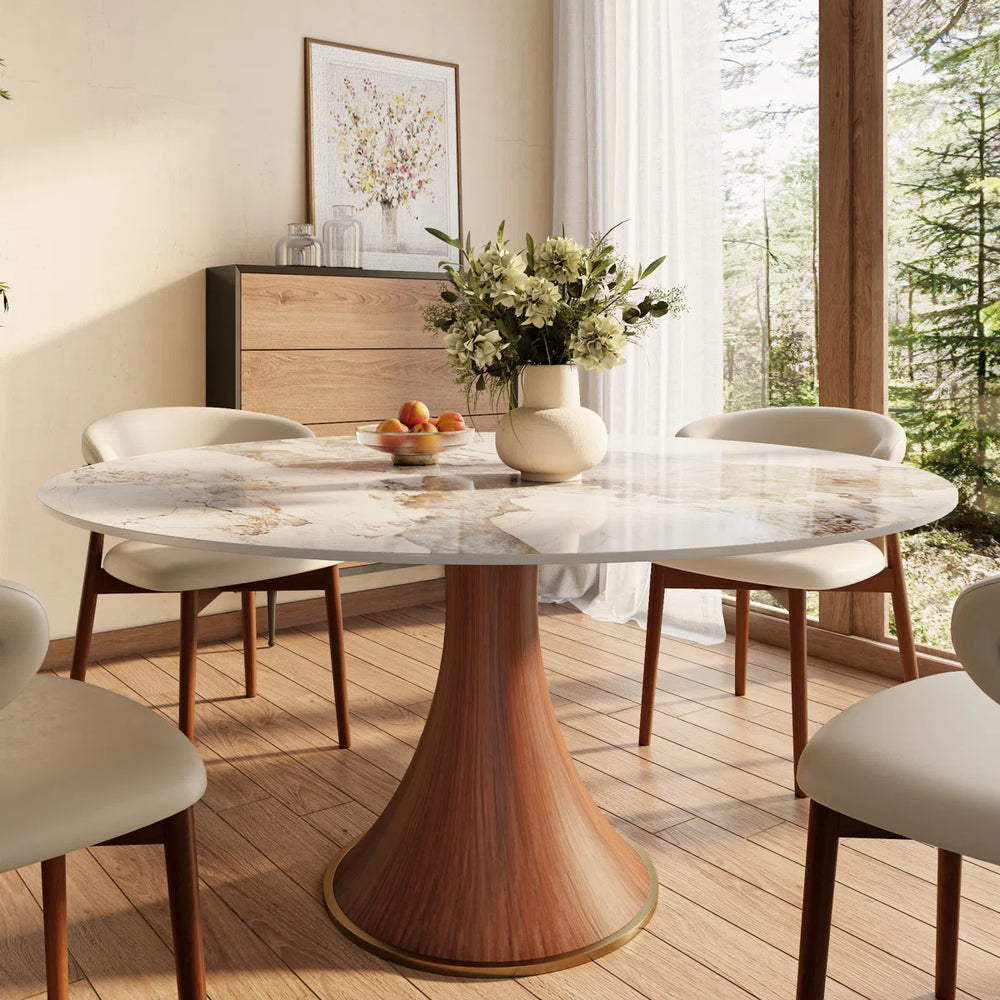 Brijberg Round Solid Wood Dining Stylish 7 Pcs Set With Sintered Stone Table