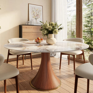 Brijberg Round Solid Wood Dining Stylish 7 Pcs Set With Sintered Stone Table