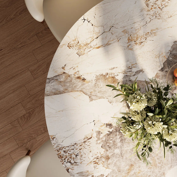 Brijberg Round Solid Wood Dining Stylish 7 Pcs Set With Sintered Stone Table