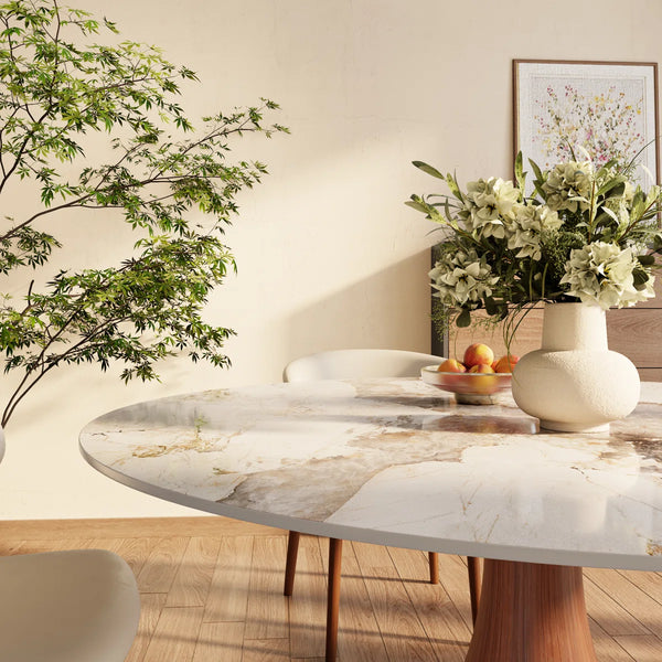 Brijberg Round Solid Wood Dining Stylish 7 Pcs Set With Sintered Stone Table