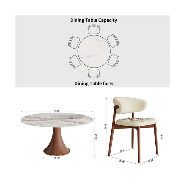 Brijberg Round Solid Wood Dining Stylish 7 Pcs Set With Sintered Stone Table
