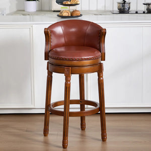 Swivel Bar Stool with Top-Grain Leather Seat, Soft Back, Rubber Wood Frame & Footrest for Kitchen, Dining, or Bar  Wooden Bazar