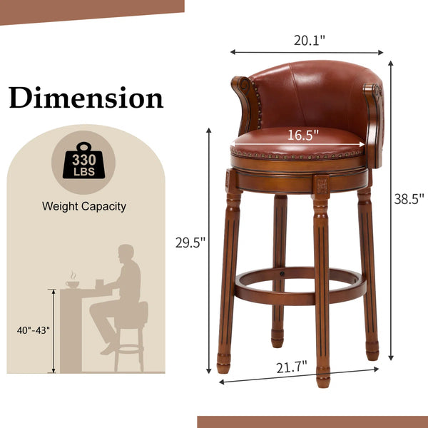 Swivel Bar Stool with Top-Grain Leather Seat, Soft Back, Rubber Wood Frame & Footrest for Kitchen, Dining, or Bar  Wooden Bazar
