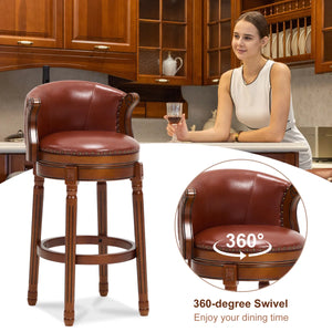Swivel Bar Stool with Top-Grain Leather Seat, Soft Back, Rubber Wood Frame & Footrest for Kitchen, Dining, or Bar  Wooden Bazar