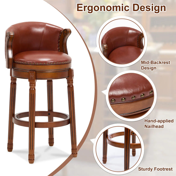 Swivel Bar Stool with Top-Grain Leather Seat, Soft Back, Rubber Wood Frame & Footrest for Kitchen, Dining, or Bar  Wooden Bazar