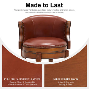 Swivel Bar Stool with Top-Grain Leather Seat, Soft Back, Rubber Wood Frame & Footrest for Kitchen, Dining, or Bar  Wooden Bazar