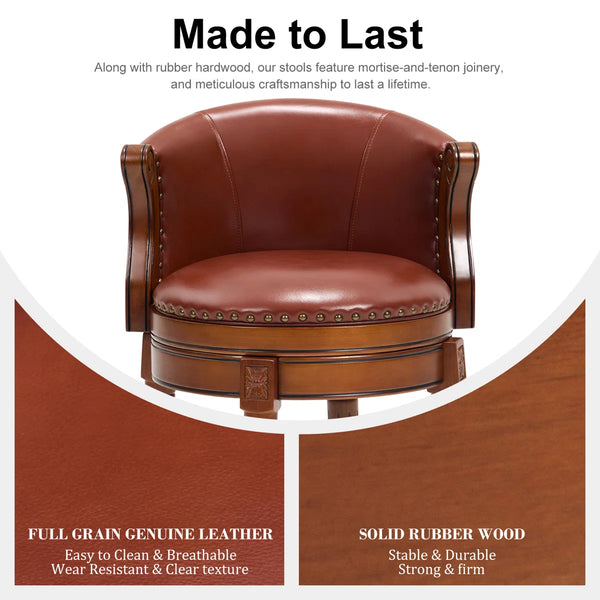 Swivel Bar Stool with Top-Grain Leather Seat, Soft Back, Rubber Wood Frame & Footrest for Kitchen, Dining, or Bar  Wooden Bazar