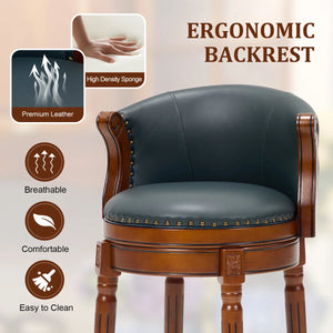 Swivel Bar Stool with Top-Grain Leather Seat, Soft Back, Rubber Wood Frame & Footrest for Kitchen, Dining, or Bar  Wooden Bazar
