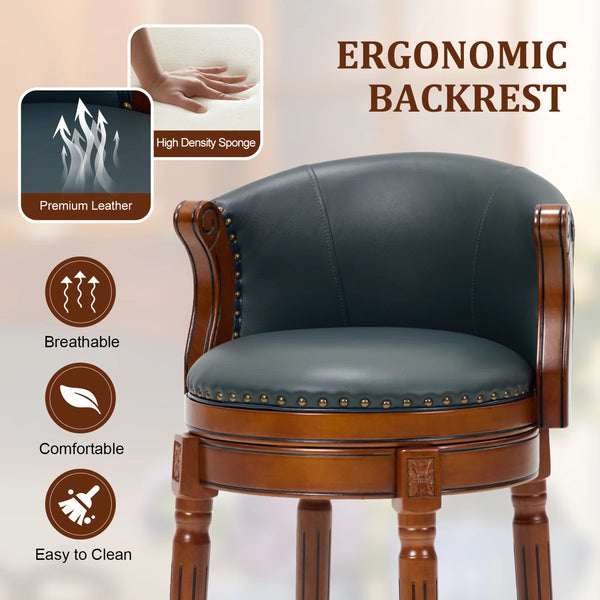 Swivel Bar Stool with Top-Grain Leather Seat, Soft Back, Rubber Wood Frame & Footrest for Kitchen, Dining, or Bar  Wooden Bazar