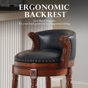 Swivel Bar Stool with Top-Grain Leather Seat, Soft Back, Rubber Wood Frame & Footrest for Kitchen, Dining, or Bar  Wooden Bazar
