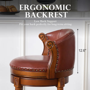 Swivel Bar Stool with Top-Grain Leather Seat, Soft Back, Rubber Wood Frame & Footrest for Kitchen, Dining, or Bar  Wooden Bazar