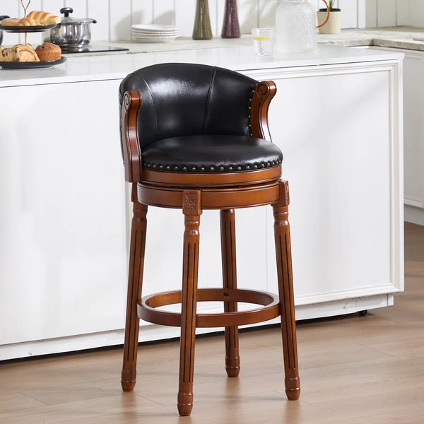 Swivel Bar Stool with Top-Grain Leather Seat, Soft Back, Rubber Wood Frame & Footrest for Kitchen, Dining, or Bar  Wooden Bazar