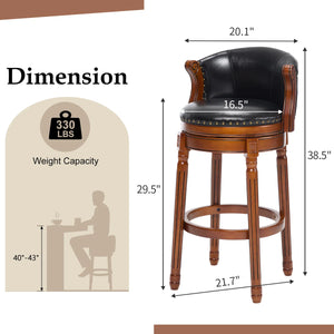 Swivel Bar Stool with Top-Grain Leather Seat, Soft Back, Rubber Wood Frame & Footrest for Kitchen, Dining, or Bar  Wooden Bazar