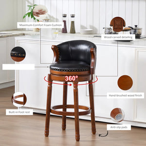 Swivel Bar Stool with Top-Grain Leather Seat, Soft Back, Rubber Wood Frame & Footrest for Kitchen, Dining, or Bar  Wooden Bazar