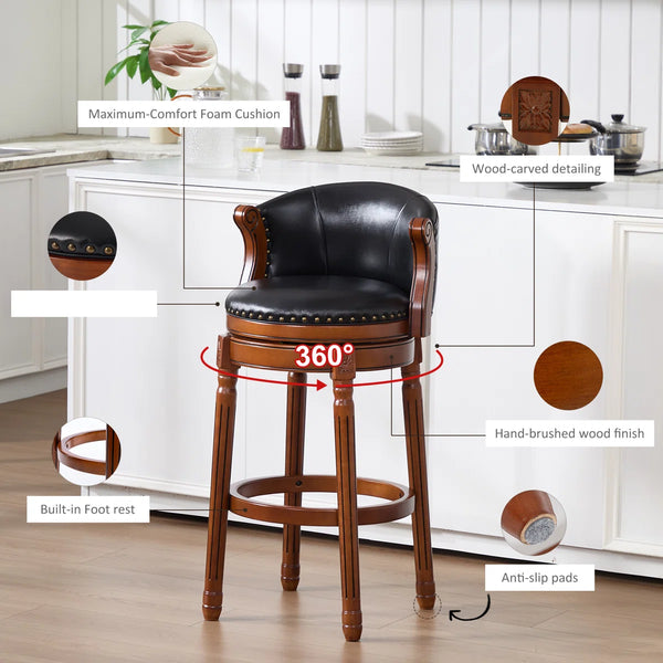 Swivel Bar Stool with Top-Grain Leather Seat, Soft Back, Rubber Wood Frame & Footrest for Kitchen, Dining, or Bar  Wooden Bazar